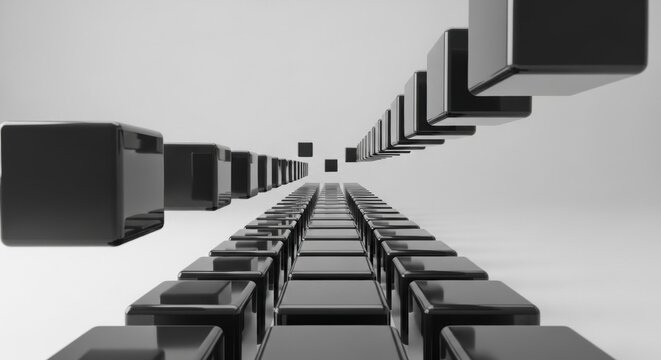 Symmetrical rows of polished black 3D cubes forming converging perspective lines on white background with floating geometric elements and reflective surfaces, minimalist render.