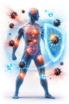 Immune System Defense: An abstract representation of the human body's immune system, depicted as a glowing silhouette defending against microscopic invaders with a protective shield.