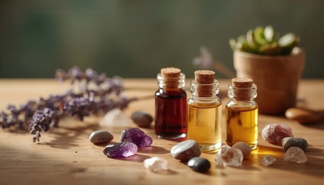 Aromatherapy Bliss: Three small glass bottles filled with golden essential oils sit amidst a serene arrangement of lavender, smooth stones, and amethyst crystals.