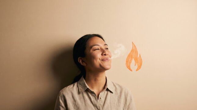 Creative portrait of woman exhaling with drawn flame on beige background conceptual emotion