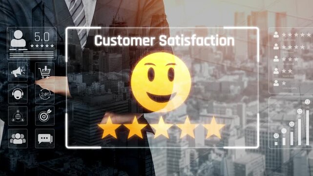 Customer feedback and satisfaction rating system showing star review, happy face, performance score, and service evaluation to improve customer experience Marrow