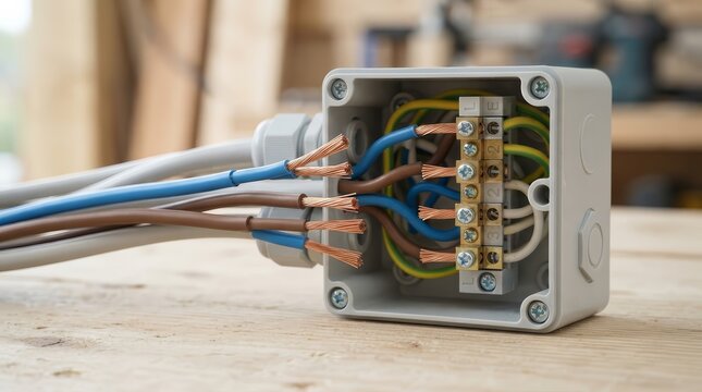 Electrical wires emerging from a gray plastic junction box on a wooden surface.