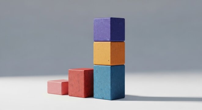 Vertical stack of blue, orange, and purple stone cubes beside pink and red blocks arranged in an ascending bar chart pattern on a white surface with soft side lighting and shadows.