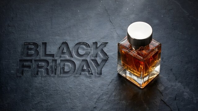 Black friday sale concept with a luxury perfume bottle on a dark stone background