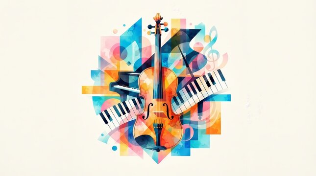 Colorful abstract music art featuring bright piano keys and a violin.