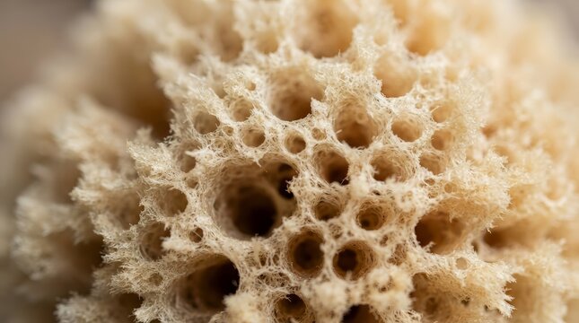 Super macro shot of a natural sea sponge surface with a labyrinth of porous cream cells.