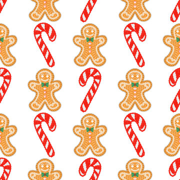 Seamless Christmas pattern featuring embroidered gingerbread man and candy canes on white