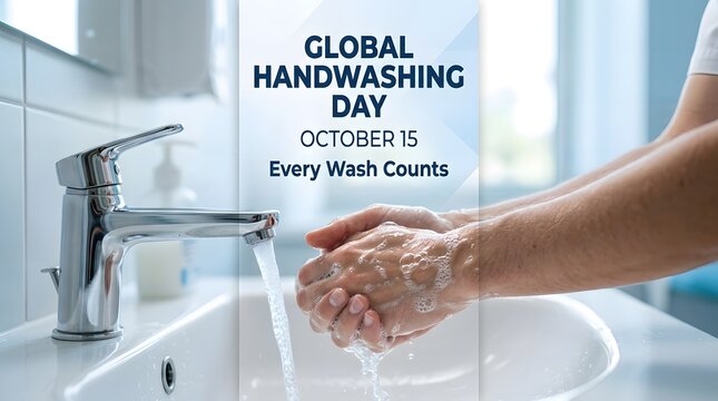 Closeup of a person washing hands with soap under a running faucet for global handwashing day