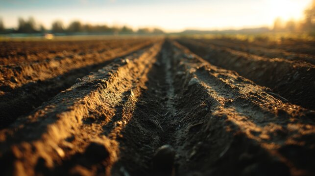 Low angle ground level shot of a freshly plowed field, furrows of dark loamy earth stretching to the horizon, soft depth of field blurring the distance, warm golden hour sunlight casting long shadows