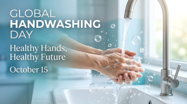 Global handwashing day concept with hands washing under running water with soap bubbles in a bathroom sink