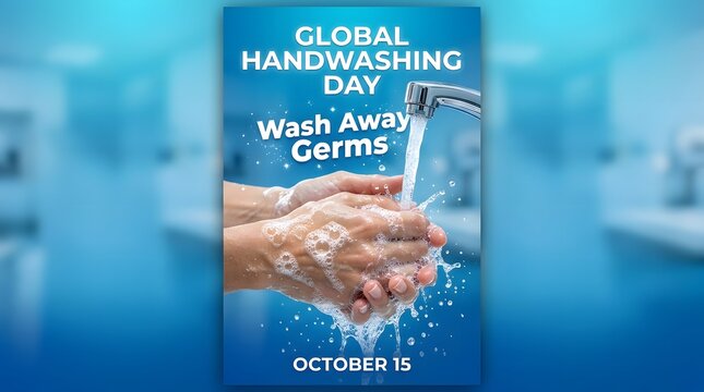 Global handwashing day poster with hands being washed under running water with soap foam and water splashes