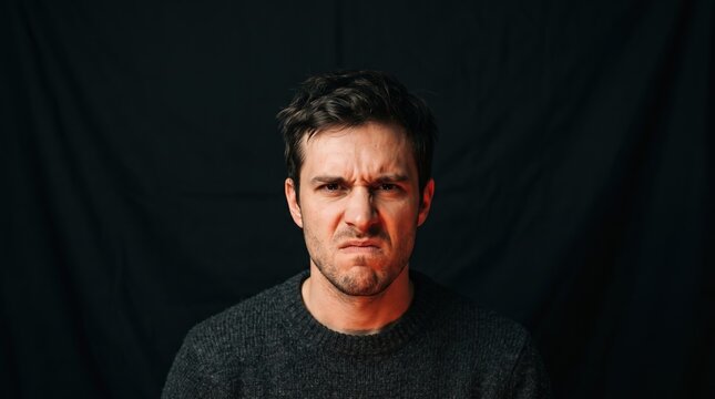 Frustrated young man with intense facial expression on dark background studio portrait