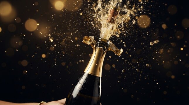 Celebrating with a champagne bottle exploding with gold sparkling glitter confetti.