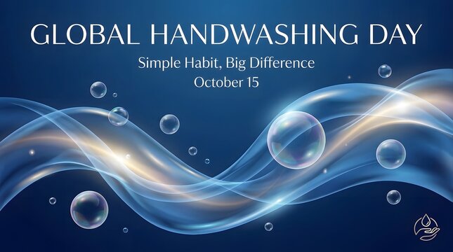 Global handwashing day banner with abstract blue water waves and soap bubbles on a dark blue background