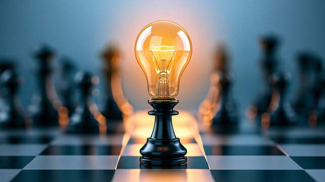 A glowing lightbulb on a black chess piece symbolizes innovation and strategic thinking on a chessboard.