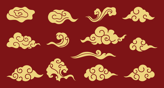 Chinese New Year golden cloud vector set. Traditional Asian oriental decorative elements, auspicious clouds for Lunar New Year celebration, greeting card, and banner design.