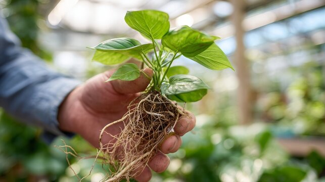 Close-up of a gardener's hands holding a single stem of a pothos plant, showing the intricate network of water roots, soft bokeh background of a greenhouse, focus on botanical details and propagation