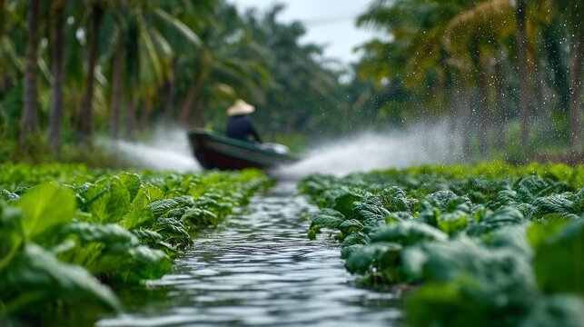 Eye-level view from the bank of a canal, a farmer on a small motorized boat passing by, spraying water on lush green rows of leafy vegetables, focus on the splashing water and the boat engine,