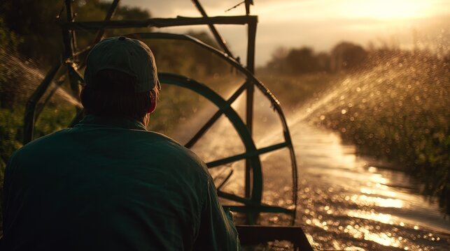 Cinematic back view of a farmer standing at the rear of a moving irrigation boat, controlling the rudder, water jets blasting outwards to water the fields, golden hour lighting reflecting off the