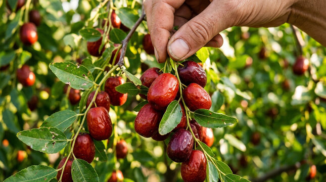 Hand picking ripe red jujube fruits from a tree branch, close-up, natural light
