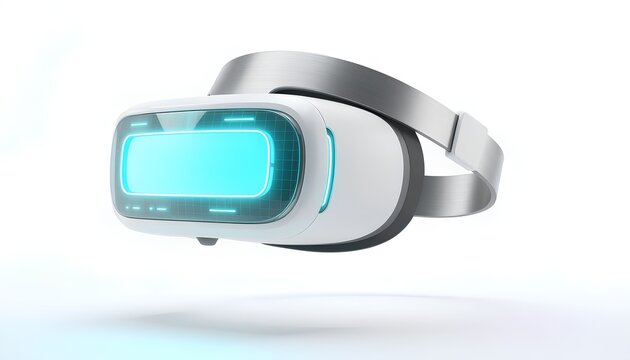 3D illustration of a futuristic virtual reality headset featuring a minimalist white visor with a glowing neon cyan digital interface panel