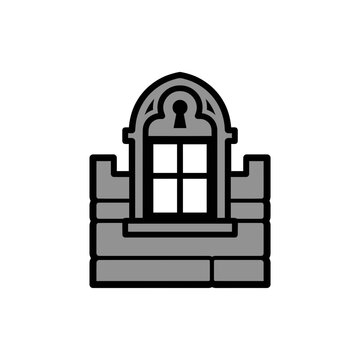 Window with a gothic arch and keyhole shape is set into a stone wall structure to create a decorative architectural element.