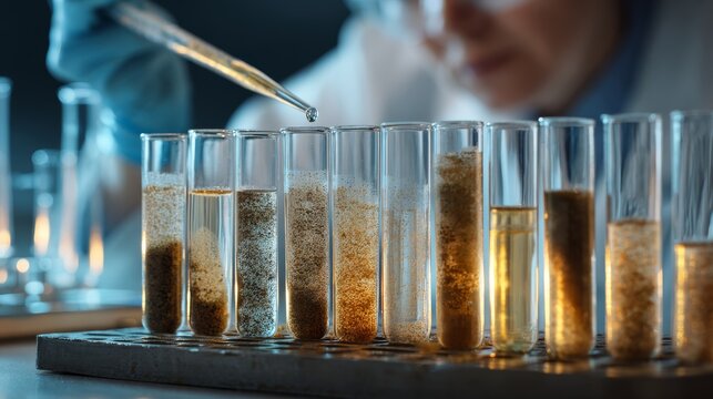 Professional lab setting, a row of test tubes filled with soil solutions and chemical reagents, a scientist in a white coat pipetting liquid, focus on the glassware, concept of antibiotic impact