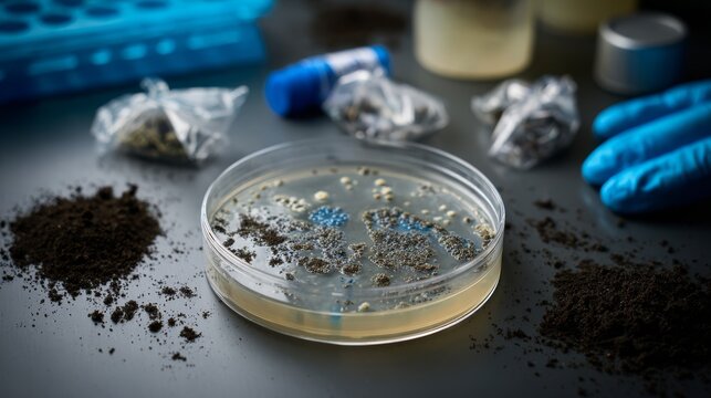 Detailed shot of an open petri dish with soil cultures, distinct zones of inhibition showing antibiotic effects, surrounded by lab equipment and soil samples in bags, sharp focus on the biological