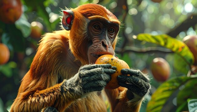 Close up of an exotic orange langur monkey feasting on ripe tropical fruit amidst dense green foliage in its natural jungle habitat