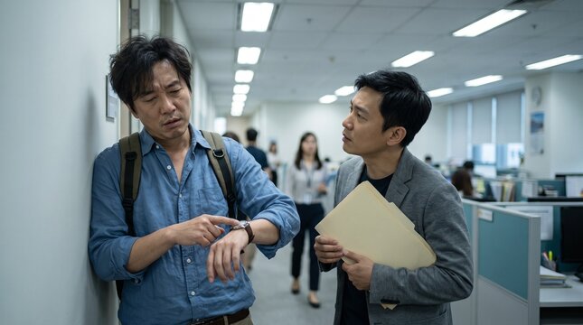 Overworked employee pointing at his watch refusing extra work in the office