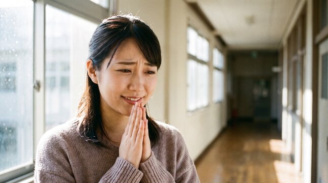 Young Asian woman making an apologetic or pleading gesture with clasped hands in a hallway