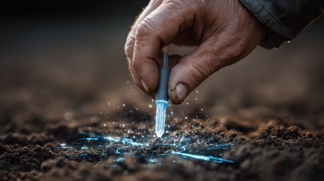 Close-up macro photography of a farmer's hand inserting a futuristic digital sensor probe into dark fertile soil, a holographic interface projecting from the device displaying pH levels and moisture