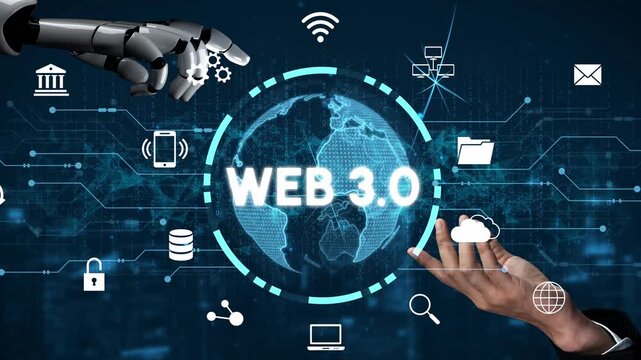 Conceptual illustration representing Web 3.0 technology featuring robotic hand, global connectivity, and digital symbols showcasing innovation and future trends in technology. Entropy.