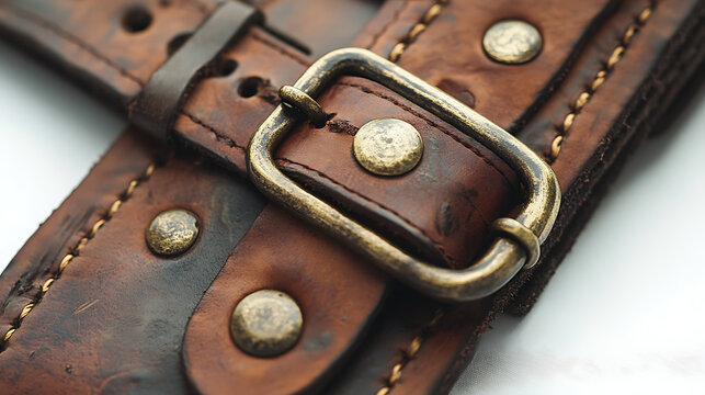 A close-up of the aged leather and brass details of a vintage gun sling against a clean white backdrop under cinematic studio lighting, emphasizing the wear and history 