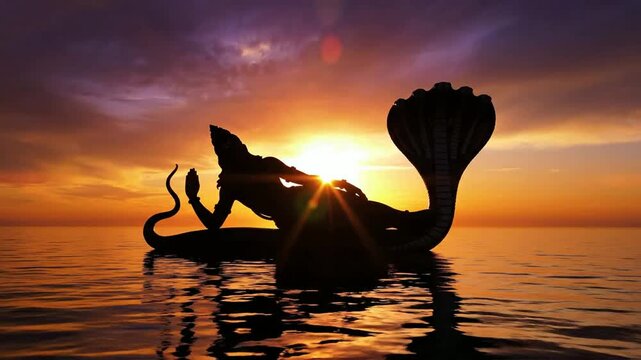 Silhouette of Lord Vishnu Resting on Shesha Naga in Ocean at Sunset during Dramatic Twilight Sky for Spiritual and Cultural Concepts