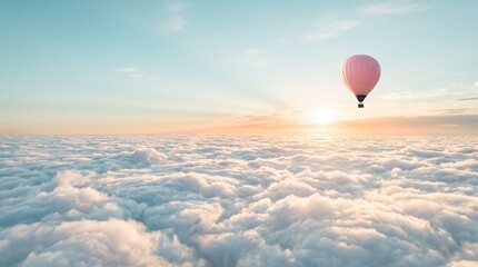 Fototapeta premium Peacefull sunrise above the clouds with floatingpink balloon