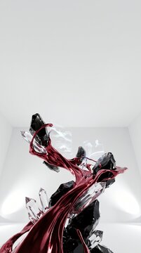 Abstract composition featuring dark obsidian rocks with vibrant red liquid flowing around sharp transparent crystal structures in bright white room