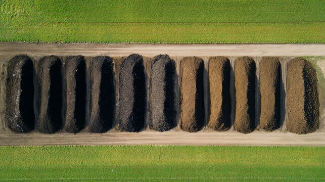 Aerial drone perspective looking down at a series of long windrow compost piles on a farm, geometric lines of straw and earth against the green grass, bright daylight, illustrating commercial scale