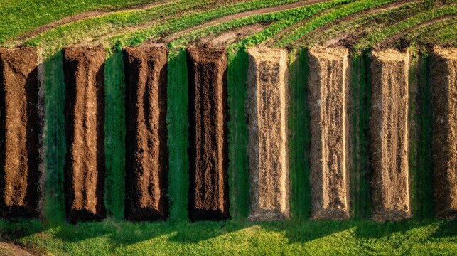 Aerial drone perspective looking down at a series of long windrow compost piles on a farm, geometric lines of straw and earth against the green grass, bright daylight, illustrating commercial scale