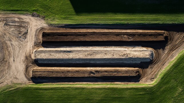 Aerial drone perspective looking down at a series of long windrow compost piles on a farm, geometric lines of straw and earth against the green grass, bright daylight, illustrating commercial scale