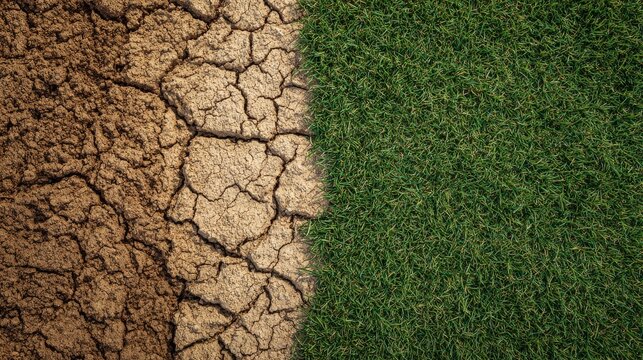 Top-down flat lay photography of a ground surface split diagonally, one side is parched cracked desert earth representing drought, the other side is lush vibrant green grass representing fertility,