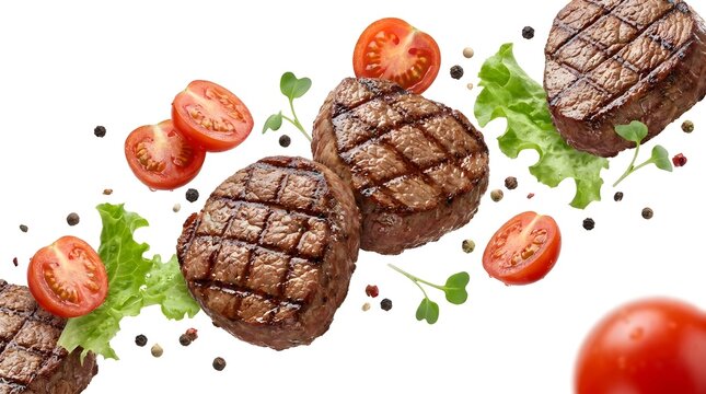 Flying Grilled Beef Steak Slices with Vegetables Levitation