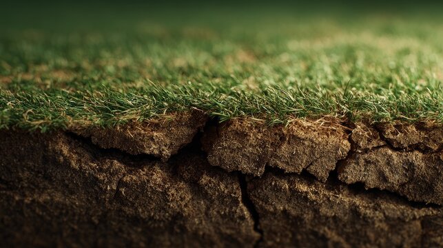 Macro detail shot of the border where dead dry soil meets healthy moist turf, deep fissures in the ground stopping at the root line of the grass, dramatic lighting highlighting the texture