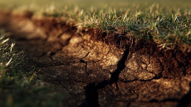Macro detail shot of the border where dead dry soil meets healthy moist turf, deep fissures in the ground stopping at the root line of the grass, dramatic lighting highlighting the texture