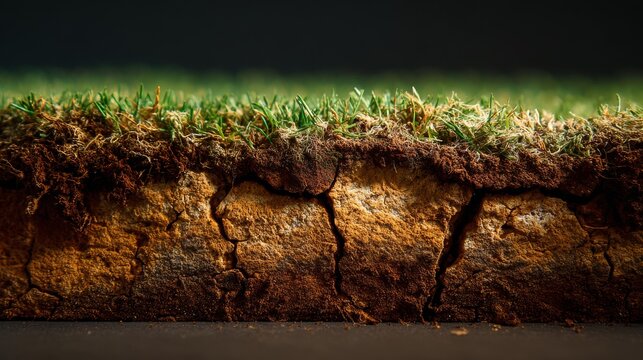 Macro detail shot of the border where dead dry soil meets healthy moist turf, deep fissures in the ground stopping at the root line of the grass, dramatic lighting highlighting the texture