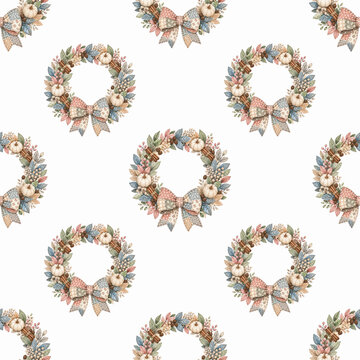 Seamless pattern of festive Christmas wreaths adorned with pinecones, berries, and a charming bow, set against a clean white backdrop.