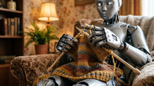 Modern humanoid robot knitting cozy wool sweater with wooden needles close up on metallic fingers manipulating yarn