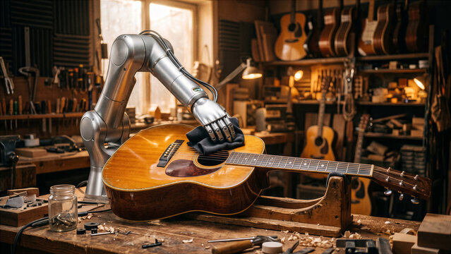 Sleek silver robot meticulously polishing classic vintage acoustic guitar with cloth in wooden music workshop