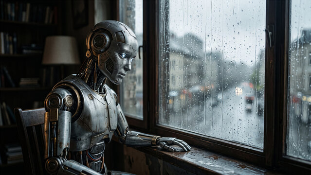 Humanoid robot sitting by rainy window pane watching water droplets race down glass melancholy state of mind