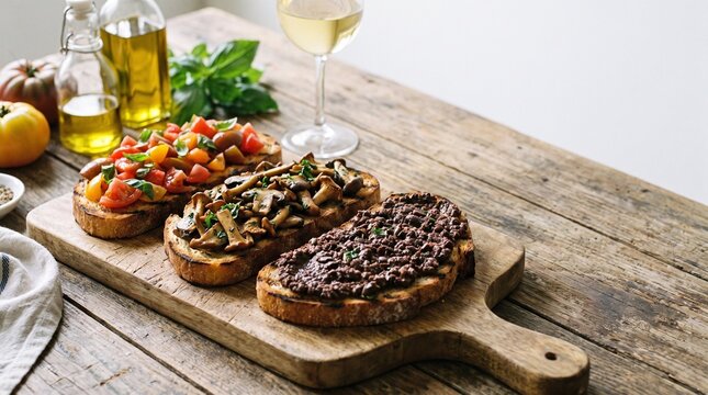 Artisanal Bruschetta Platter: A delightful assortment of three distinct bruschettas, featuring fresh tomato, savory mushroom, and rich olive tapenade atop toasted bread.